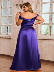 Off-the-shoulder Cap Sleeves Satin Dress With Slit Regency