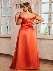 Off-the-shoulder Cap Sleeves Satin Dress With Slit Rust