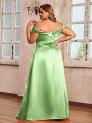Off-the-shoulder Cap Sleeves Satin Dress With Slit Sage