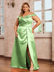 Off-the-shoulder Cap Sleeves Satin Dress With Slit Sage