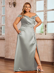 Off-the-shoulder Cap Sleeves Satin Dress With Slit Silver
