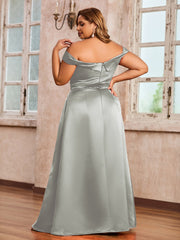 Off-the-shoulder Cap Sleeves Satin Dress With Slit Silver