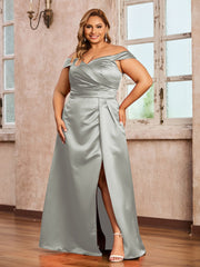Off-the-shoulder Cap Sleeves Satin Dress With Slit Silver