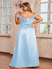 Off-the-shoulder Cap Sleeves Satin Dress With Slit Sky Blue