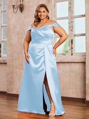 Off-the-shoulder Cap Sleeves Satin Dress With Slit Sky Blue
