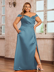 Off-the-shoulder Cap Sleeves Satin Dress With Slit Slate Blue
