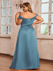 Off-the-shoulder Cap Sleeves Satin Dress With Slit Slate Blue