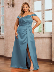 Off-the-shoulder Cap Sleeves Satin Dress With Slit Slate Blue