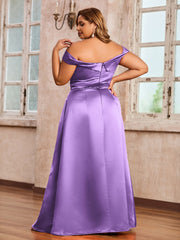 Off-the-shoulder Cap Sleeves Satin Dress With Slit Tahiti