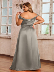 Off-the-shoulder Cap Sleeves Satin Dress With Slit Taupe