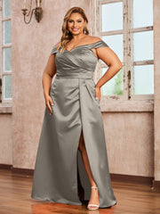 Off-the-shoulder Cap Sleeves Satin Dress With Slit Taupe
