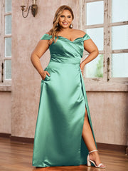 Off-the-shoulder Cap Sleeves Satin Dress With Slit Turquoise
