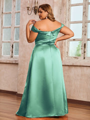 Off-the-shoulder Cap Sleeves Satin Dress With Slit Turquoise