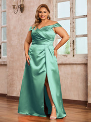 Off-the-shoulder Cap Sleeves Satin Dress With Slit Turquoise