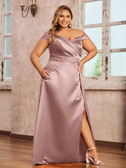 Off-the-shoulder Cap Sleeves Satin Dress With Slit Vintage Mauve
