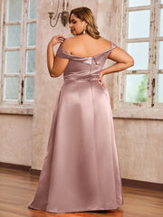 Off-the-shoulder Cap Sleeves Satin Dress With Slit Vintage Mauve