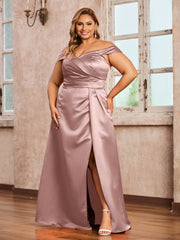 Off-the-shoulder Cap Sleeves Satin Dress With Slit Vintage Mauve