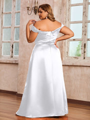 Off-the-shoulder Cap Sleeves Satin Dress With Slit White