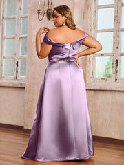 Off-the-shoulder Cap Sleeves Satin Dress With Slit Wisteria