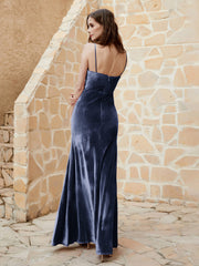 Cowl Neck Floor-length Velvet Dress Dark Navy