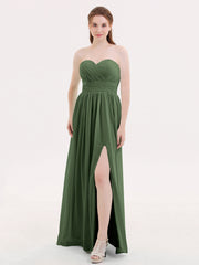 Sweethart Neck Long Chiffon DRESS WITH Slit Olive Green