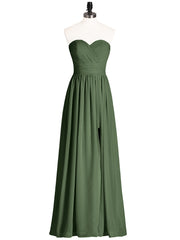 Sweethart Neck Long Chiffon DRESS WITH Slit Olive Green