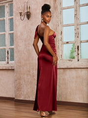 One Shoulder Corset Sheath Acetate Satin Dress Burgundy