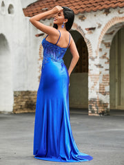Stunning Flower Sequin Appliqued High Slit Maxi Dress Royal Blue