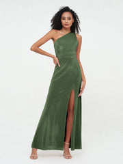 One-Shoulder Long Velvet Dresses with Slit Olive Green
