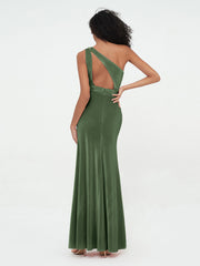 One-Shoulder Long Velvet Dresses with Slit Olive Green