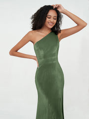 One-Shoulder Long Velvet Dresses with Slit Olive Green