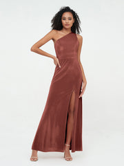 One-Shoulder Long Velvet Dresses with Slit Terracotta