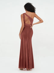 One-Shoulder Long Velvet Dresses with Slit Terracotta Plus Size