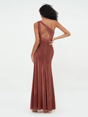 One-Shoulder Long Velvet Dresses with Slit Terracotta