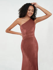 One-Shoulder Long Velvet Dresses with Slit Terracotta