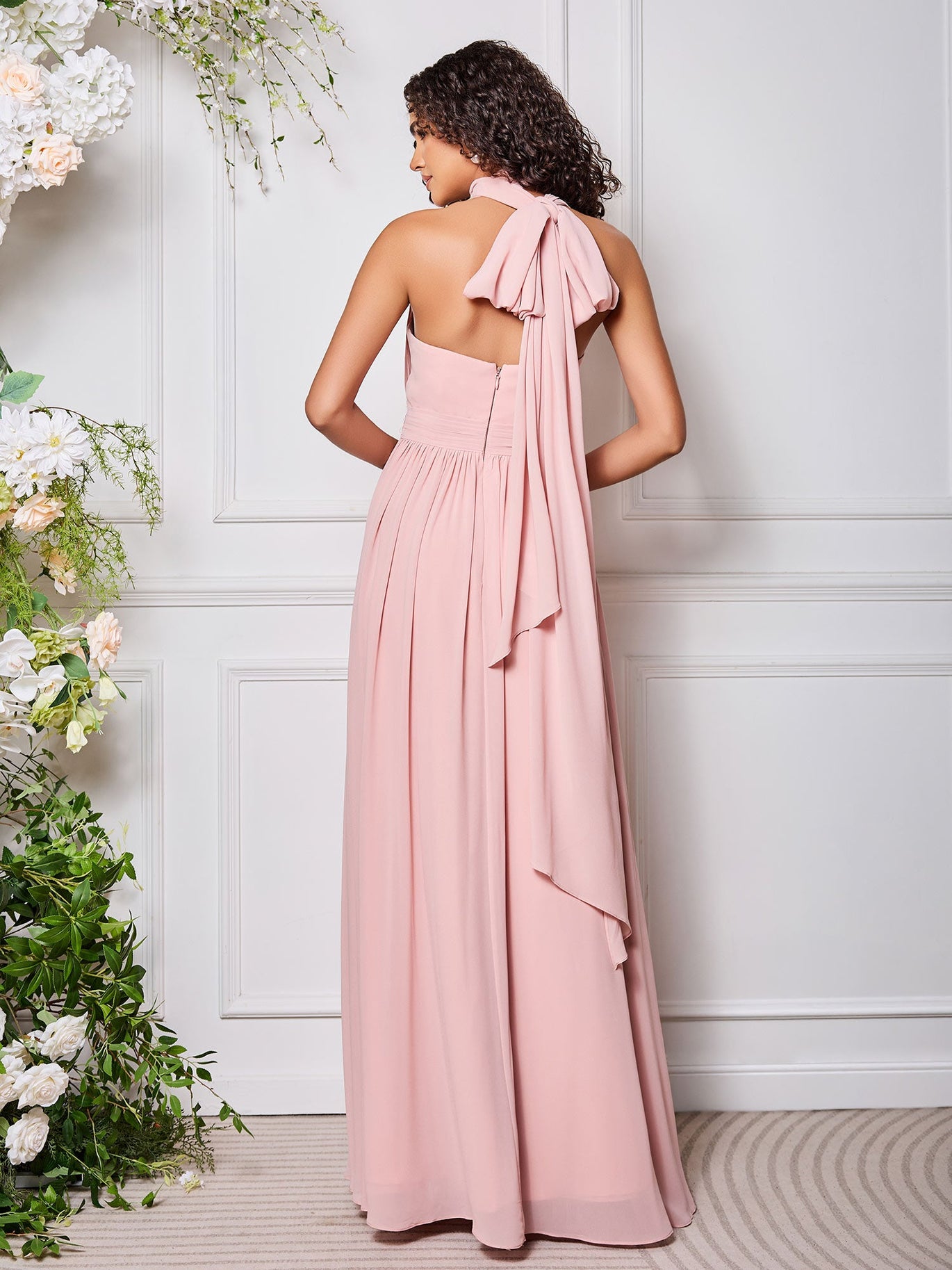 BABARONI Chiffon Fuchsia Bridesmaid Dresses A-line V-neck Sleeveless  Floor-length – BABARONI UK