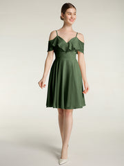 Short Bridesmaid Dress with Flutter Sleeves Olive Green