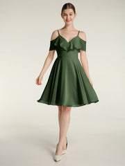 Short Bridesmaid Dress with Flutter Sleeves Olive Green