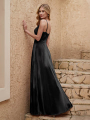 V-neck Floor-length Sheath Velvet Dress With Slit Black