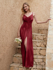V-neck Floor-length Sheath Velvet Dress With Slit Burgundy
