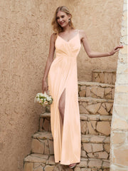 V-neck Floor-length Sheath Velvet Dress With Slit Champagne Plus Size