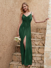 V-neck Floor-length Sheath Velvet Dress With Slit Dark Green