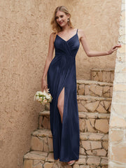 V-neck Floor-length Sheath Velvet Dress With Slit Dark Navy Plus Size