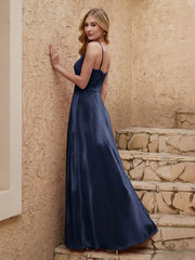 V-neck Floor-length Sheath Velvet Dress With Slit Dark Navy
