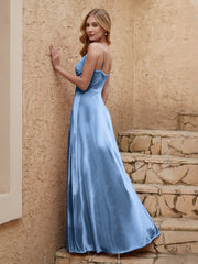 V-neck Floor-length Sheath Velvet Dress With Slit Dusty Blue
