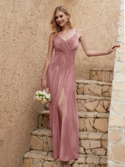 V-neck Floor-length Sheath Velvet Dress With Slit Dusty Rose Plus Size