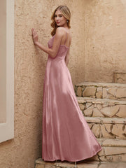 V-neck Floor-length Sheath Velvet Dress With Slit Dusty Rose