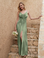 V-neck Floor-length Sheath Velvet Dress With Slit Dusty Sage