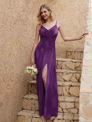 V-neck Floor-length Sheath Velvet Dress With Slit Grape