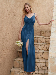 V-neck Floor-length Sheath Velvet Dress With Slit Ink Blue Plus Size
